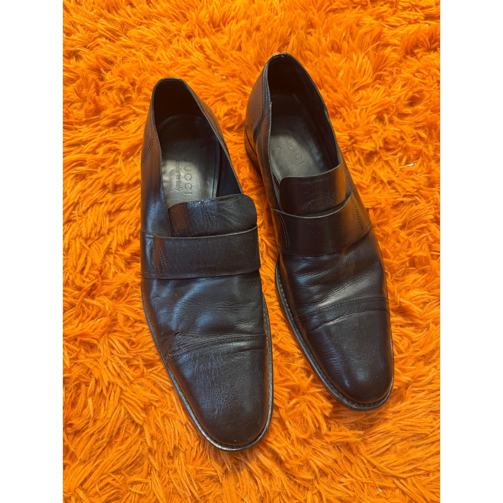 Gucci Mens Black Leather Cap Toe Loafers Dress Shoes Italy 108444 Size 11 D